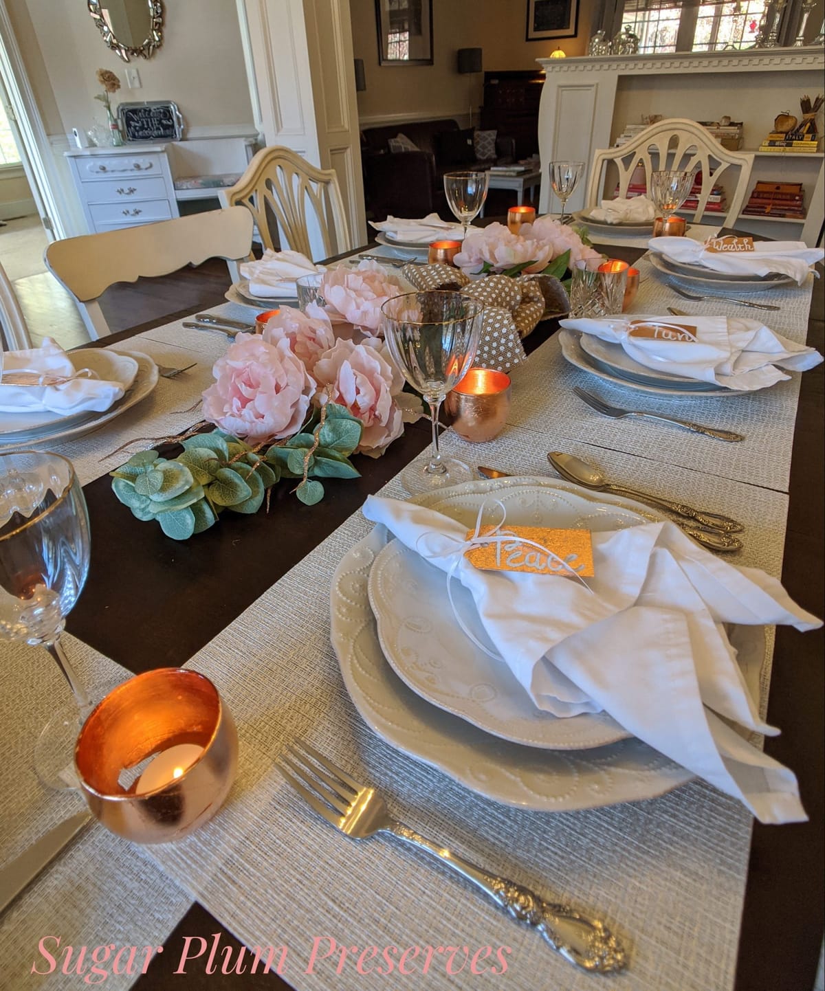 Easy DIY Holiday Tablescape with Rose Gold Leaf